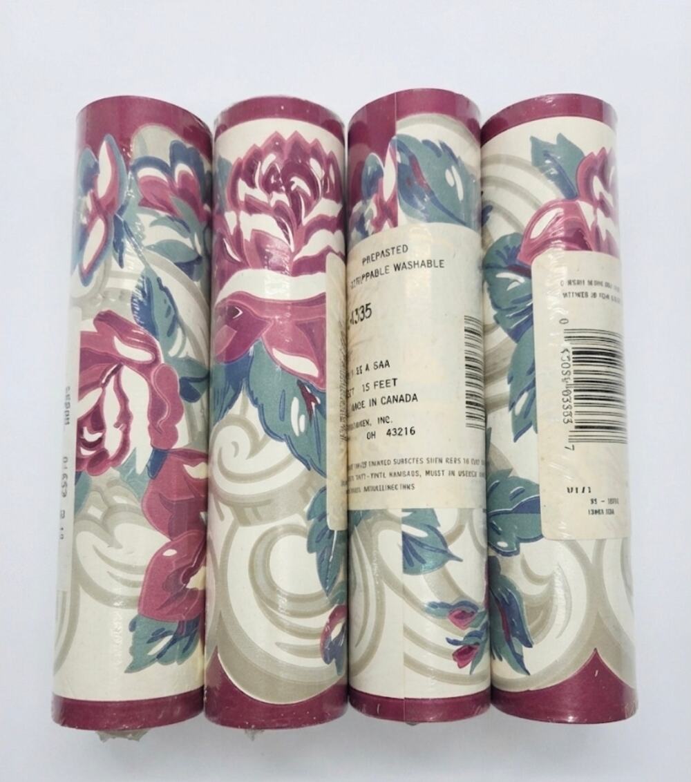 Vintage Pre Pasted Cabbage Rose Wallpaper Border Lot of 4 15 Feet Each Cottage